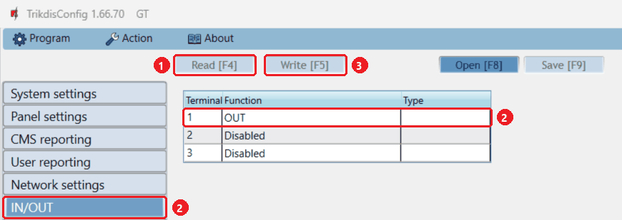 TrikdisConfig, Reiter IN/OUT: Anschluss 1 auf OUT, die übrigen auf Disabled